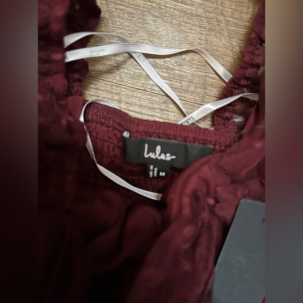 Lulus Sweet Amor Burgundy Tulle Swiss Dot Tiered Bustier Midi Dress - Picture 5 of 5